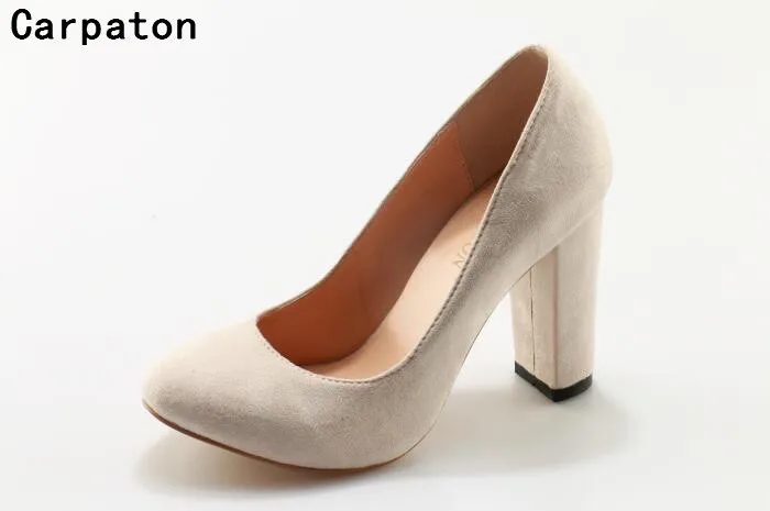 

Carpaton women beige high heel shoes round toe high thick heel shoes sxey pumps ladies slip on cusual shoes suede stilettos