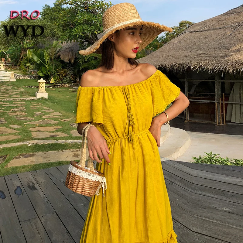 

Summer Beach Sexy Midi Dress for Women Casual Yellow Off The Shoulder Boho Tassel Decorated Backless Club Party Dresses Vestidos