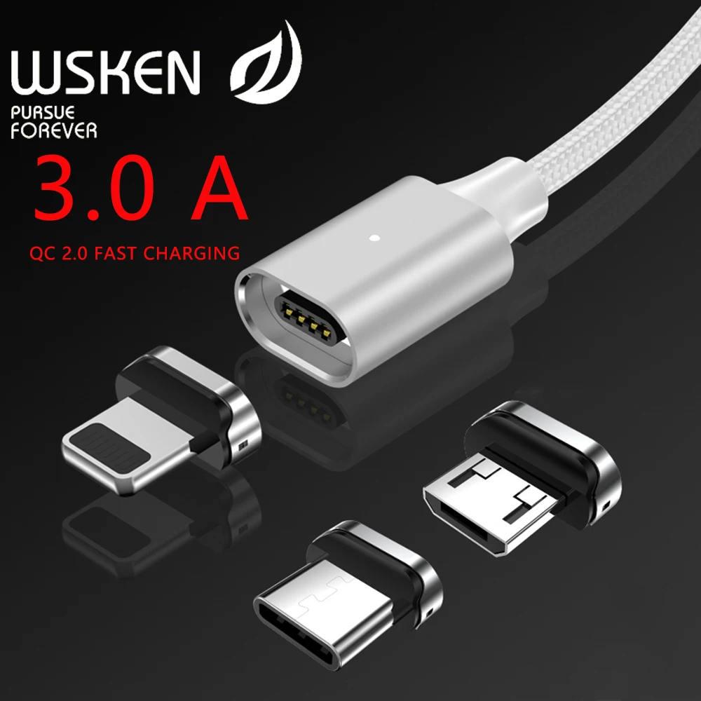 WSKEN X2 магнитное зарядное устройство для iPhone XS XR Micro usb type C кабель 3A Быстрая зарядка для samsung S9 S8 Note 9 USB-C адаптер для телефона