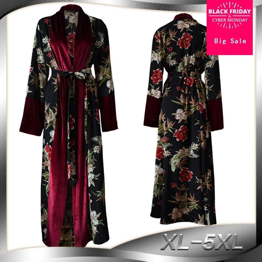 

X-5XL fit Fall Adult muslim Velvet fabric robes prayer muslim abaya female Islamic cardigan muslim dress abaya with belt wj2782