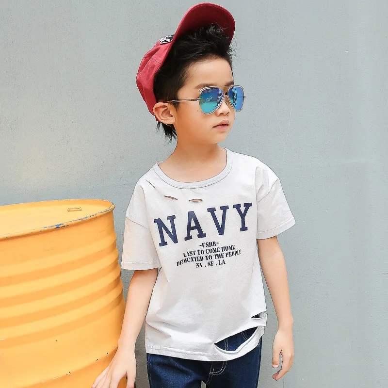 Модные рваные Дизайн детская футболка брендовые черные Хлопковая одежда для