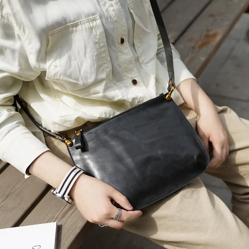PNDME original handmade genuine leather shoulder bag fashion simple cowhide leather small crossbody bags women's envelope bag