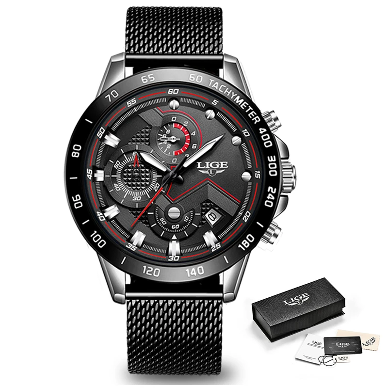 

LIGE New Mens Watches Top Brand Luxury Quartz Clock Mesh Steel Date Chronograph Waterproof Sport Watch for Men Relogio Masculino
