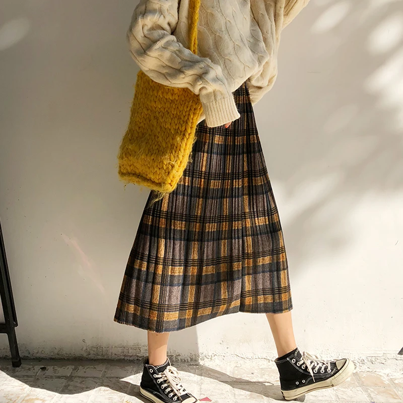 Возможно U коричневая желтая клетчатая плиссированная юбка средней длины с