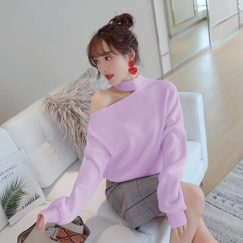Fashion Pullover Full Sleeve Solid Knitted Women Sexy Off Shoulder Slash Neck Jumper Design Thick Sweaters Casual Loose | Женская одежда