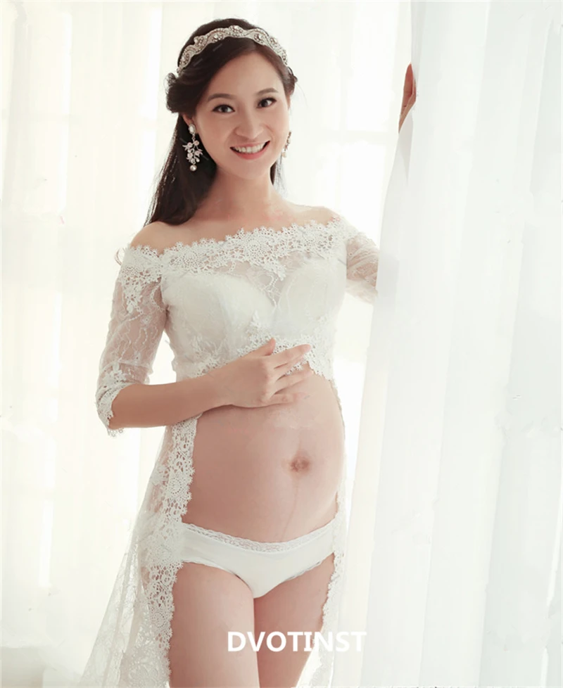

Dvotinst Women Photography Props Pregnancy Dress Maternity Dresses White Lace Perspective Elegant Dress For Studio Photo Shoot