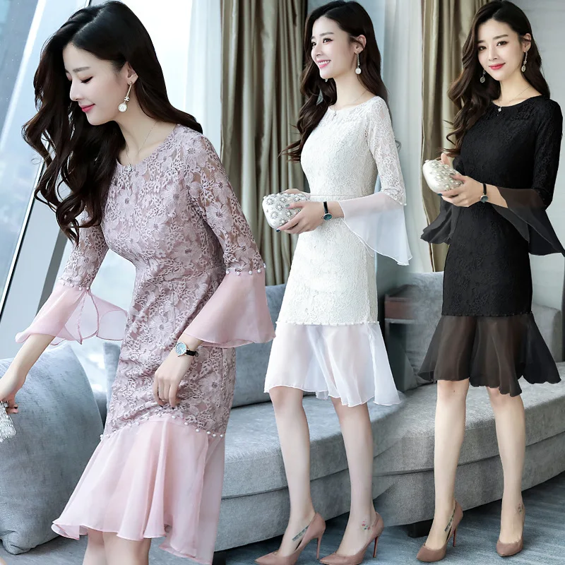 Elegant Three Quarter Sleeve Lace A-Line Dress Women Patchwork Flare O Neck Dresses Party Knee-Length Vestidos | Женская одежда