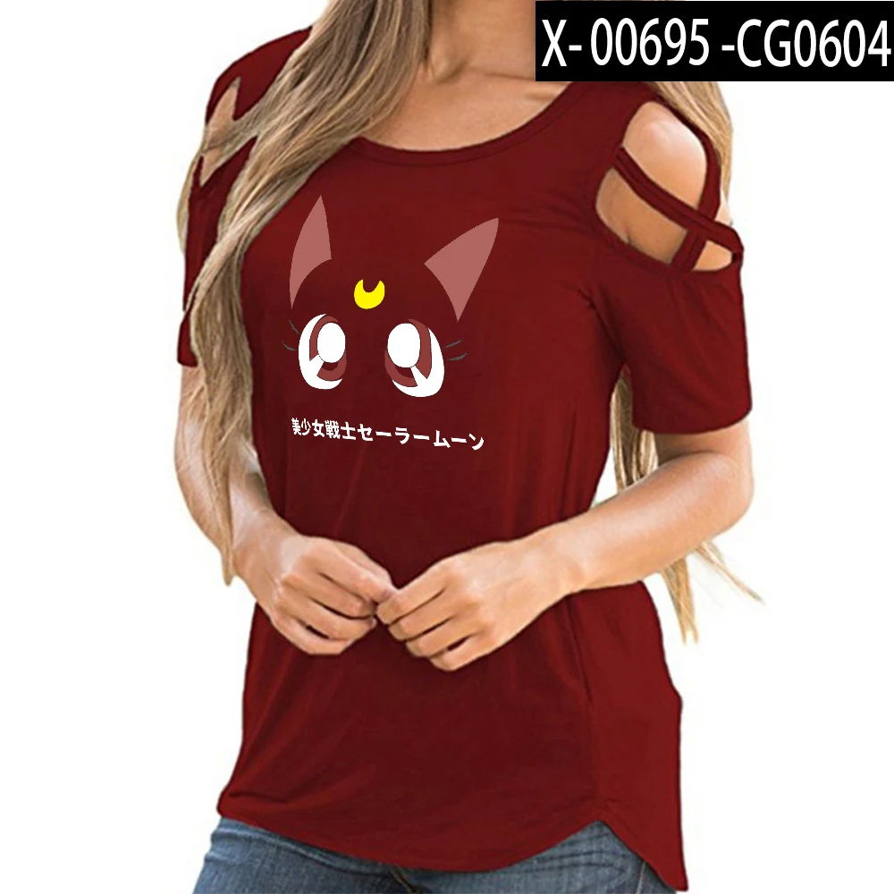 Red Frdun Tommee Сейлор Мун женская футболка kawaii Harajuku с открытыми плечами летний топ футболка женская рубашка открытая уличная одежда - Цвет: Red