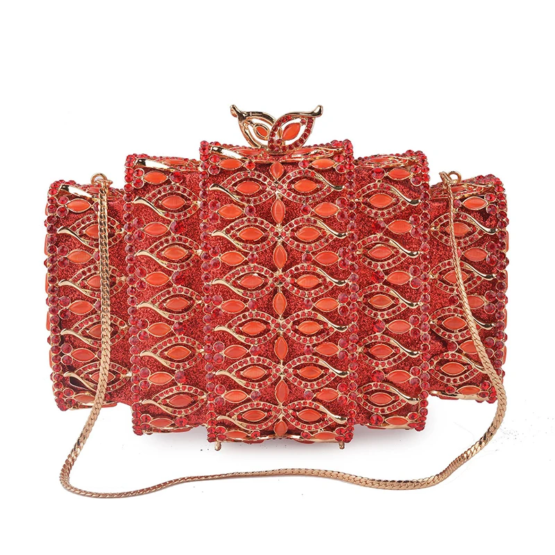 

XIYUAN Red Rhinestone Evening Clutch Handbag Fashion Gold Metal Mini Bridal Wedding Clutches Bags Luxury Party Chain Purses