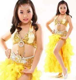 Yellow 2pcs DJGRSTER,, детские костюмы для танца живота, 2-3 предмета(бюстгальтер+ юбка+ цепочка на талии), цыганский костюм, Danca Do Ventre Vestido Indiano, 8 цветов - Цвет: Yellow 2pcs