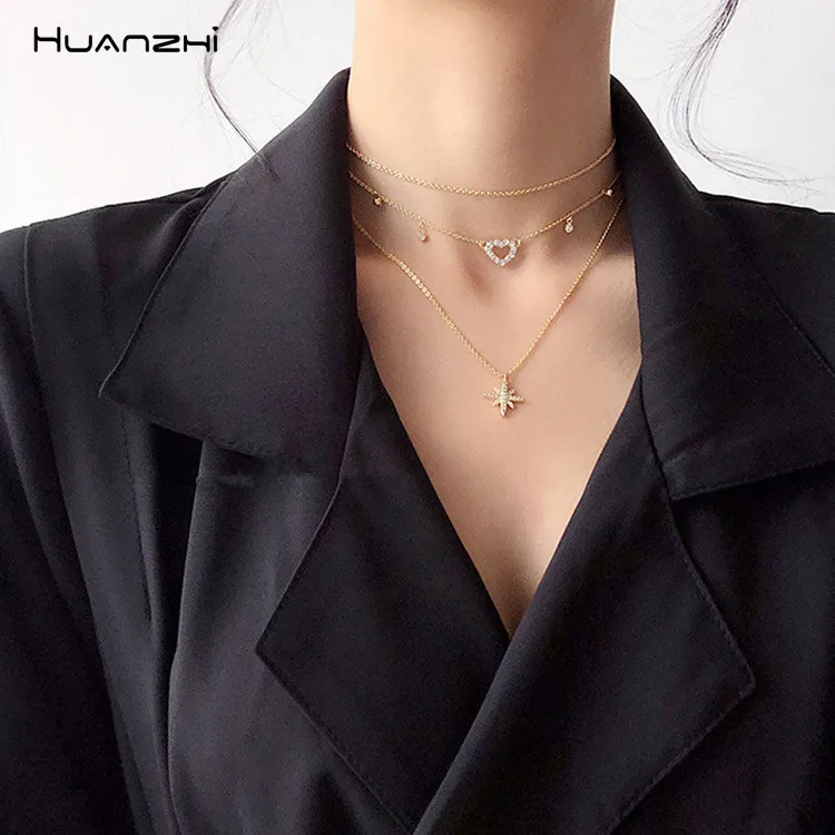 HUANZHI 2019 личность с блестящими звездами Комплект из подходящих сердце ожерелье