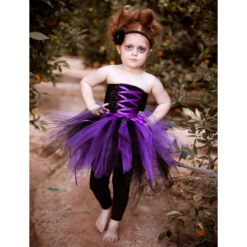 

Girls Halloween Tutu Dress With Polyester Crochet Top Stretched Purple Zombie Cosplay Dress Cute Girls Party Ball Gown Dress