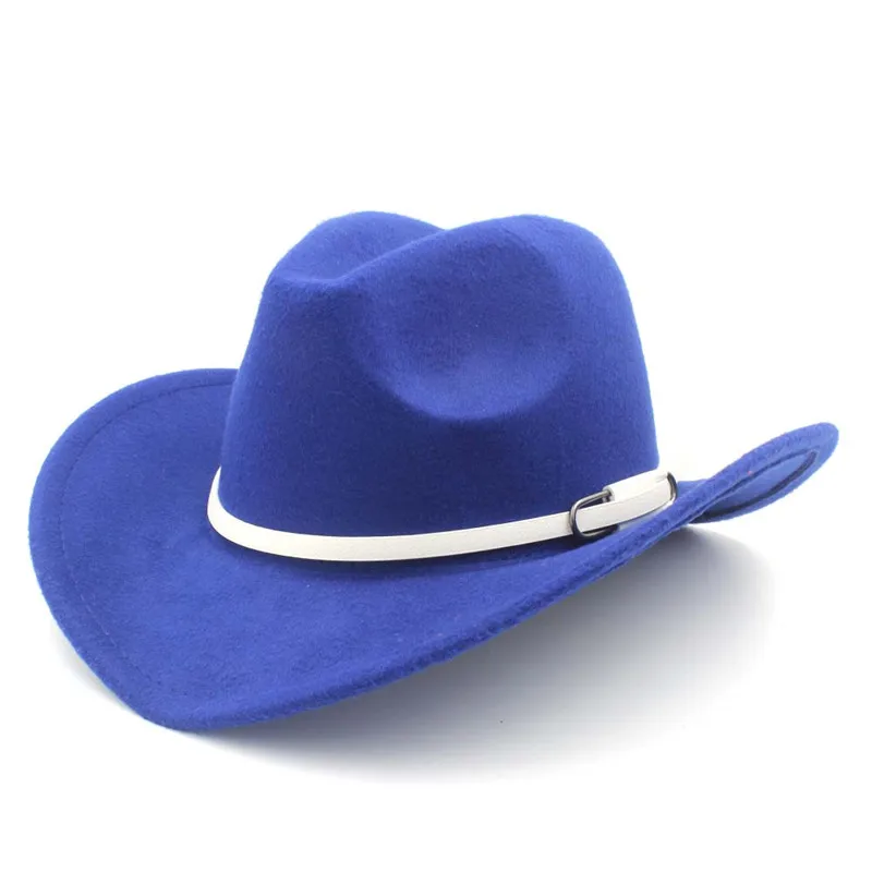 Royal Blue Mistdawn унисекс Для женщин Для мужчин полушерстяные широкими полями Западная ковбойской шляпе пастушка Кепки Джаз Кепки s белый кожаный ремень Группа размеры 56-58 см - Цвет: Royal Blue