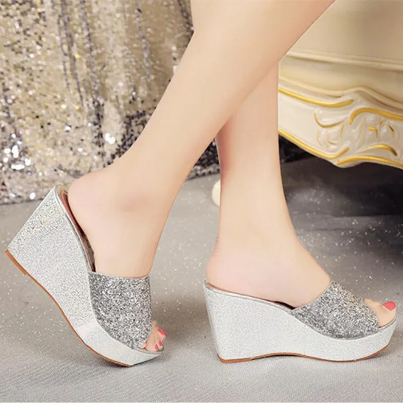 HEVXM Sandals Plataform 2018 Glitter Bling Gold Metallic High Heels Women Slippers Wedge Peep Toe Shoes Summer | Обувь