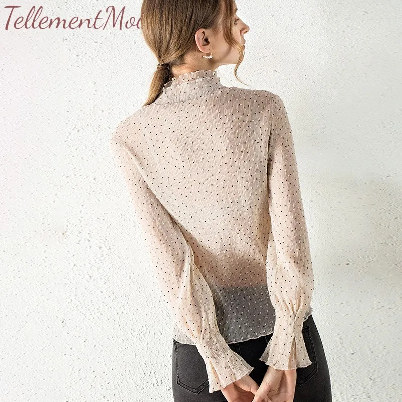 Spring Summer Sexy Sheer Shirt Women Turtleneck Tops Chiffon Ruffled Long Sleeve Slim Ladies Streetwear Tees Sweet Blouse Shirts |