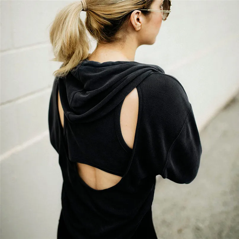 Женский топ для йоги блузка рубашка с капюшоном свитшоты открытой спиной