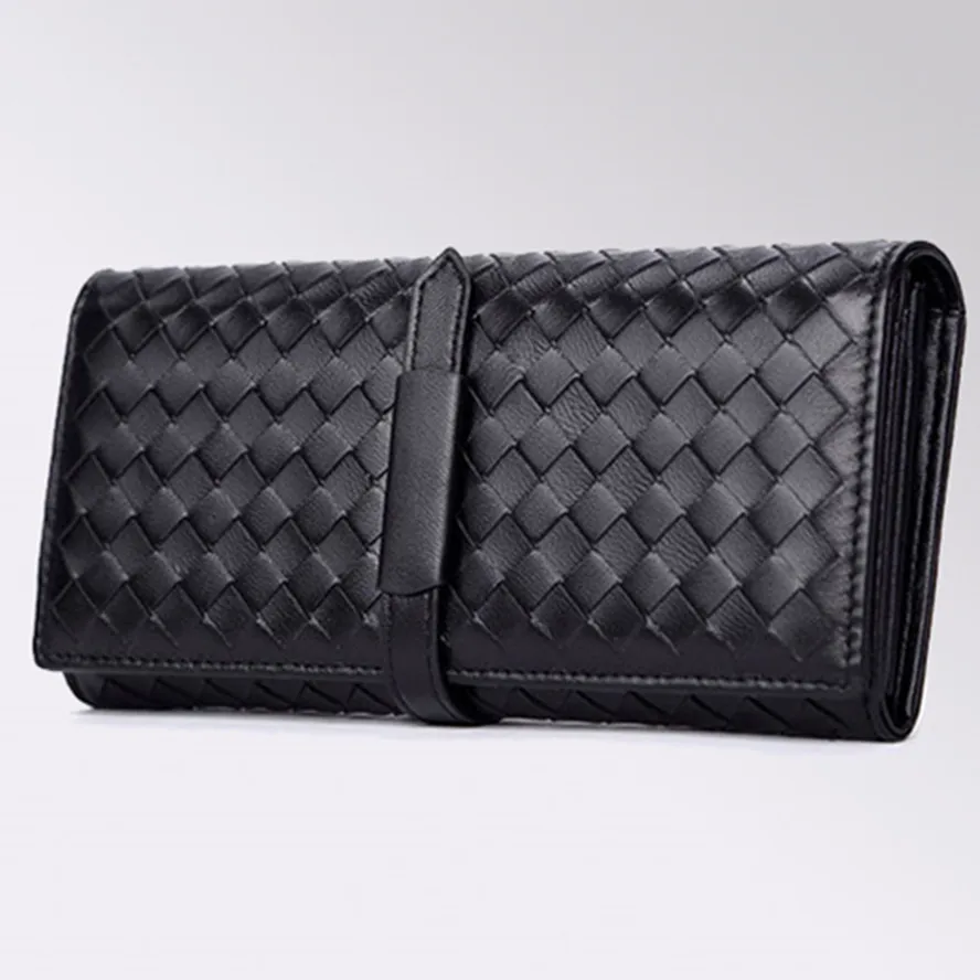 Womens Hand-knit Wallets 100% Genuine Sheepskin Leather Ladies Purses Lady Coin Pocket Long Wallet Female Clutch Bag Women Gift