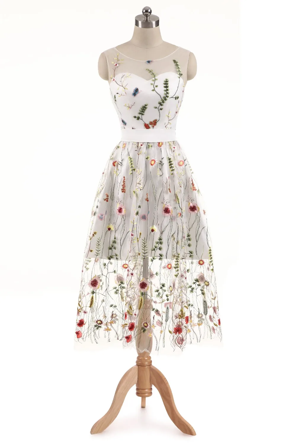 

Fashion Tea Length Embroidery Floral Prom Dress Scoop Neckline Sleeveless Evening Party Dress Vestido De Festa