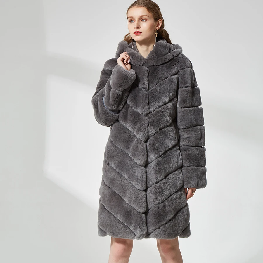 

Winter Fur Coat Women Jacket Long Sleeve With Hood Thick Warm Soft Natural Rex Rabbit Fur Overcoat Plus-size