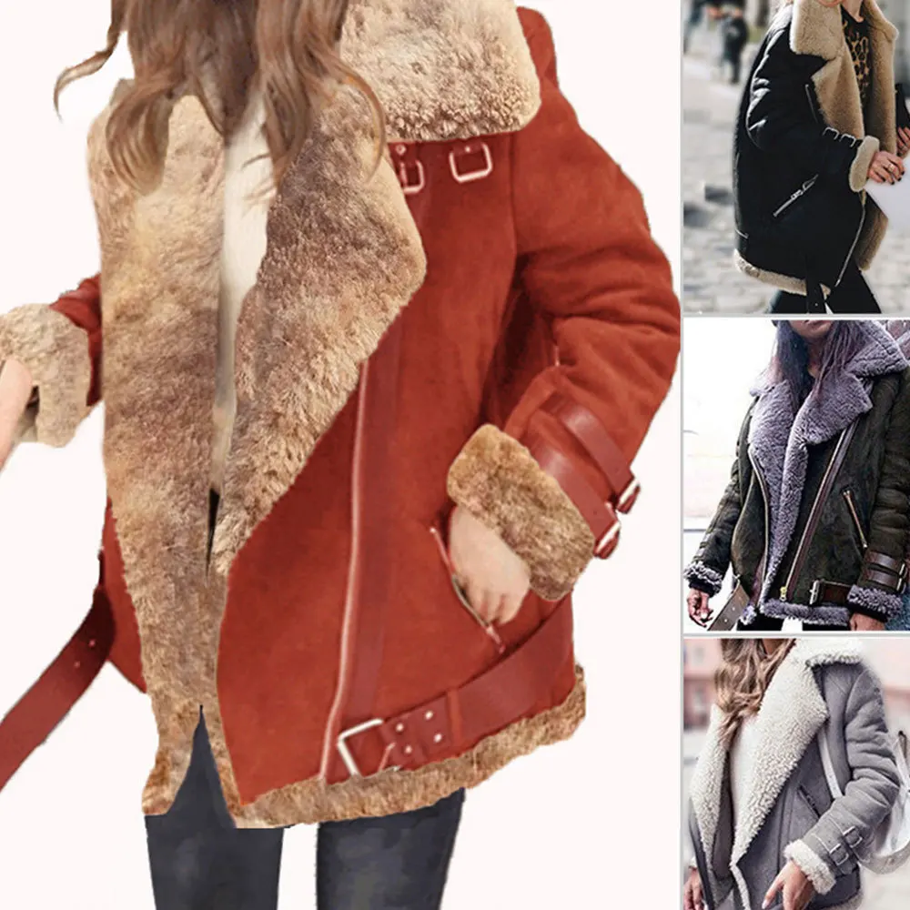 

Women Thick Suede Jackets Autumn Winter Lambs Wool Short Motorcycle Coats Windbreaker Faux Shearling Sheepskin Coats