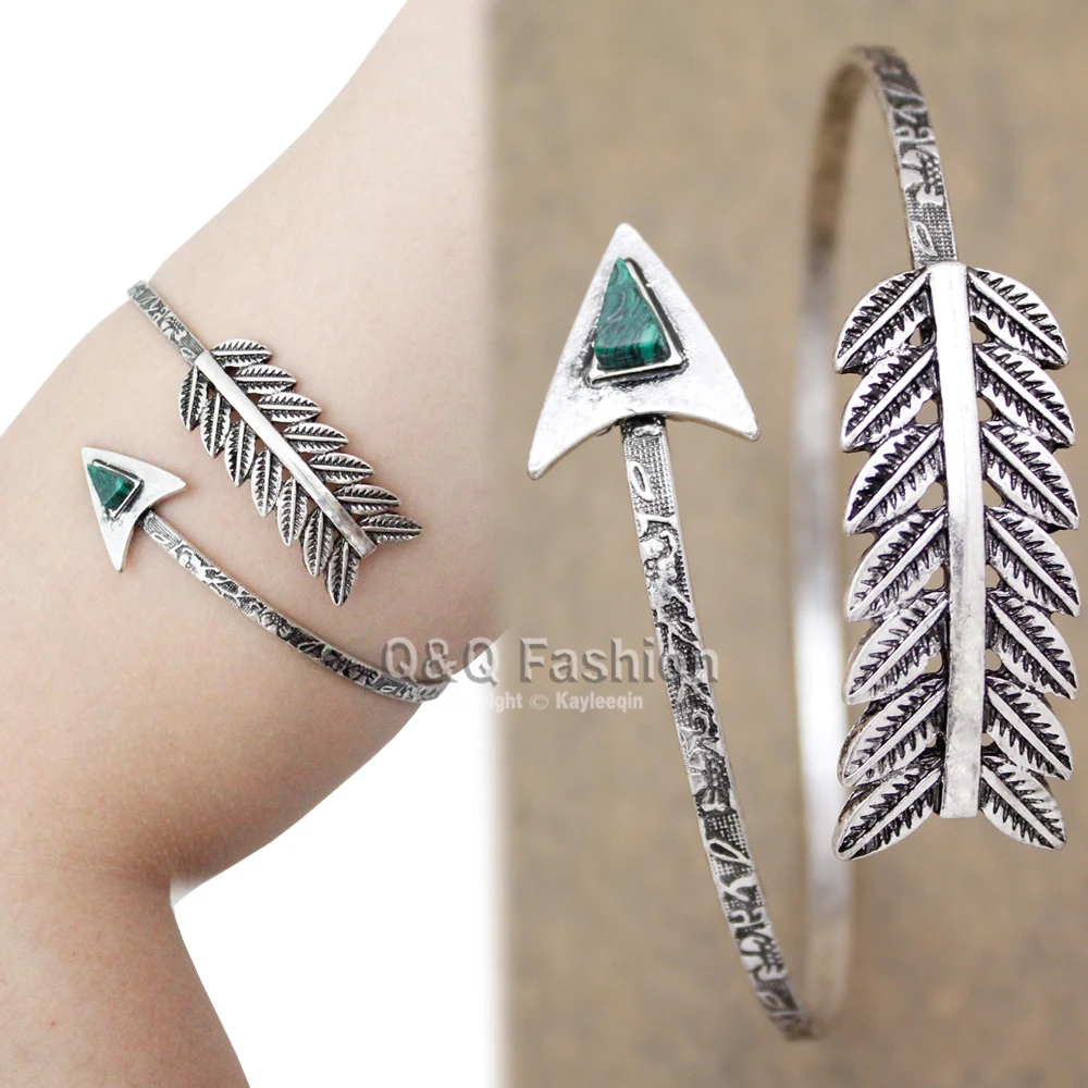 Fab Тибет посеребренный стрелы перо Малахитовый браслет с большими подвесками
