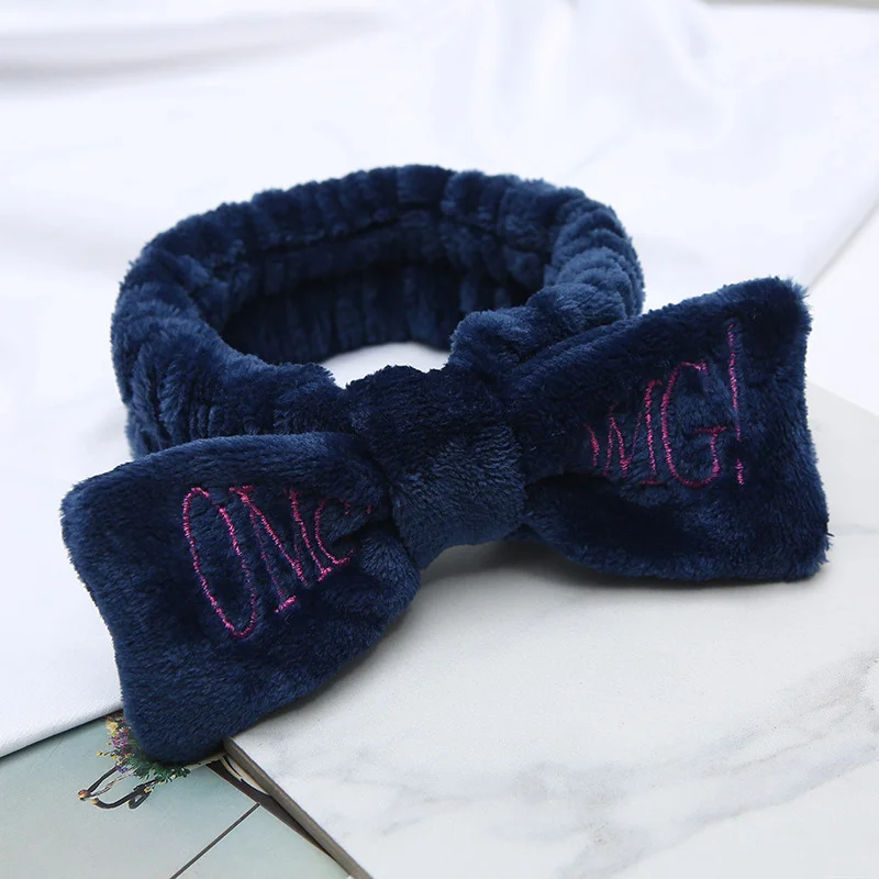 Dark blue Мягкие фланелевые повязки на голову с бантиком и надписью OMG для женщин, тюрбан, повязка для волос, повязка на голову для мытья лица, головные уборы для девочек, аксессуары для волос - Цвет: Dark blue