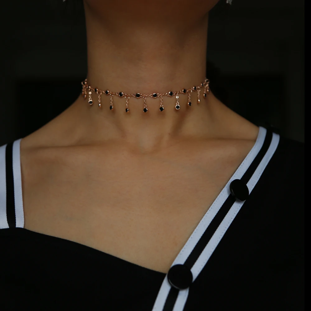 Черный cz розовое золото цвет кружевная цепочка колье ожерелье для женщин станция