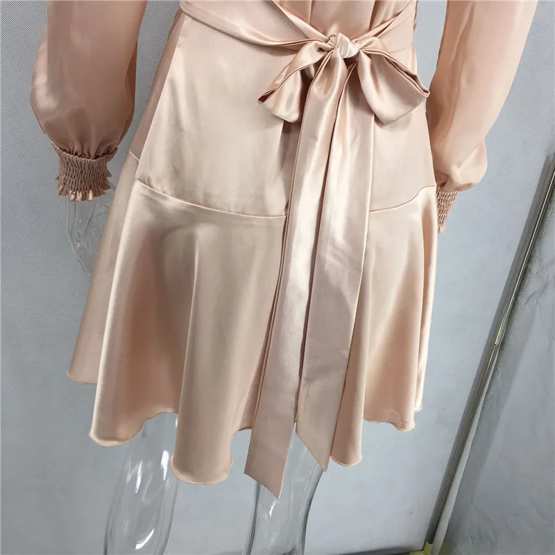 

Women Satin Autumn Dress Champagne V Neck Long Sleeve Casual Vintage Dress Robe Femme Sashes Elegant Sexy Ladies Wrap Dresses