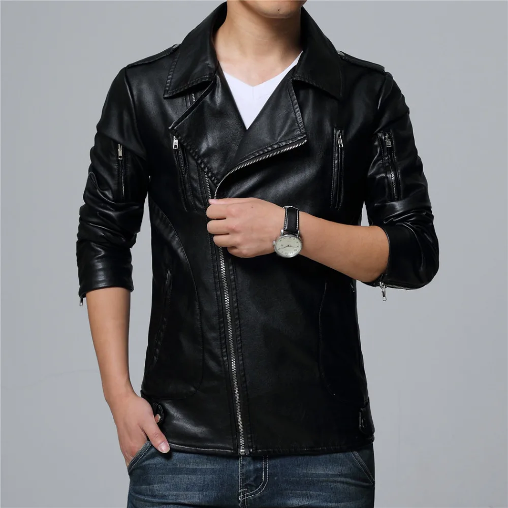 Мужская кожаная мотоциклетная куртка черная приталенная из искусственной кожи