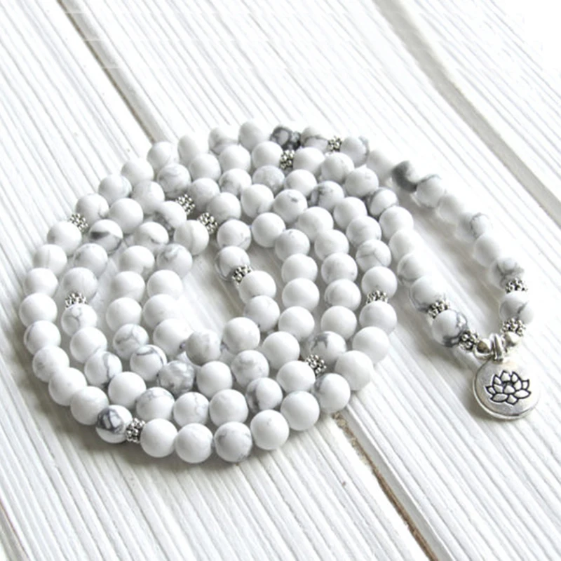 Матовые бусины Howlite Mala 8 мм 108 бусин браслет с цветком лотоса или ожерелье четки