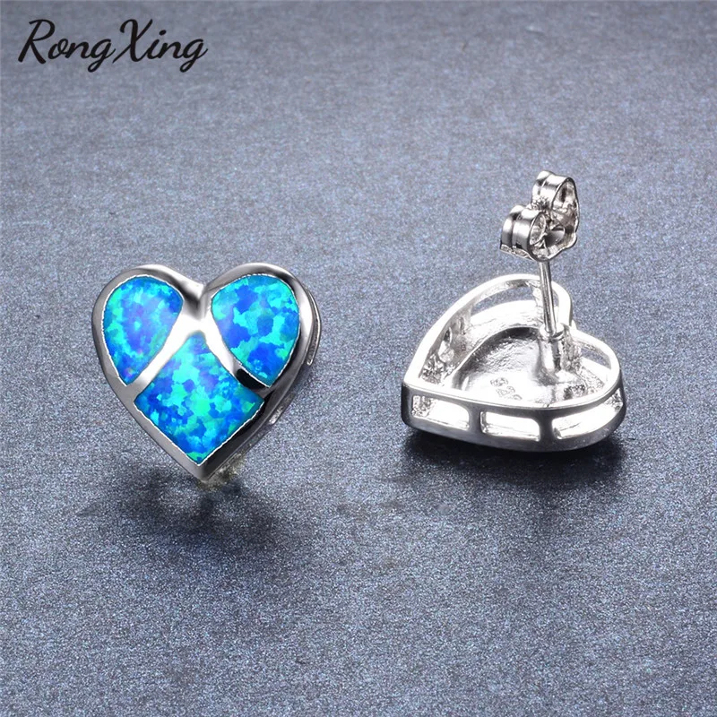RongXing Silver Color White/Blue/Multicolor Fire Opal Heart Stud Earrings for Women Fashion Studs Jewelry Ear0559 | Украшения и