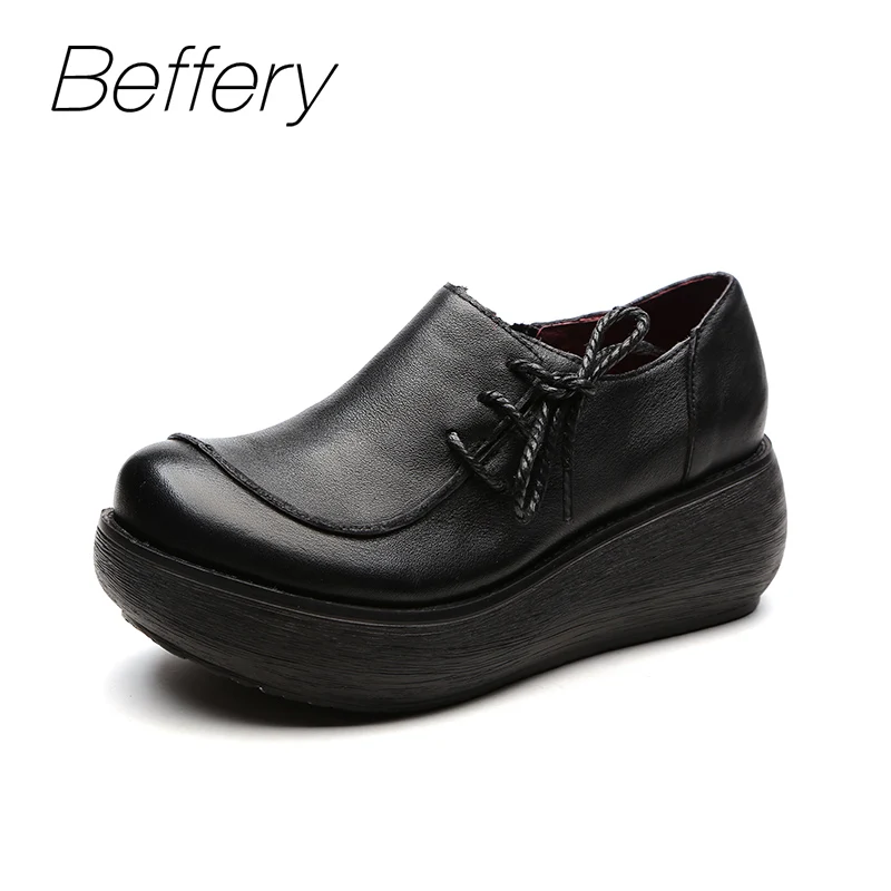 Beffery 2018 Spring Summer style Genuine Leather Flat Platform Shoes Women Retro Round toe Ultra-soft Thick bottom Casual | Обувь
