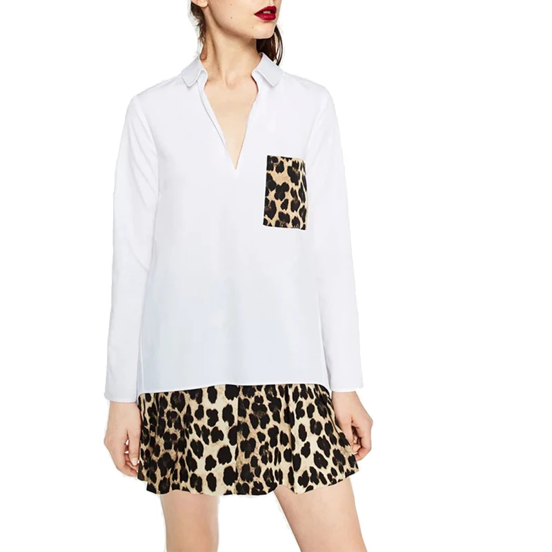 Женская блузка с леопардовым принтом длинным рукавом и V-образным вырезом |