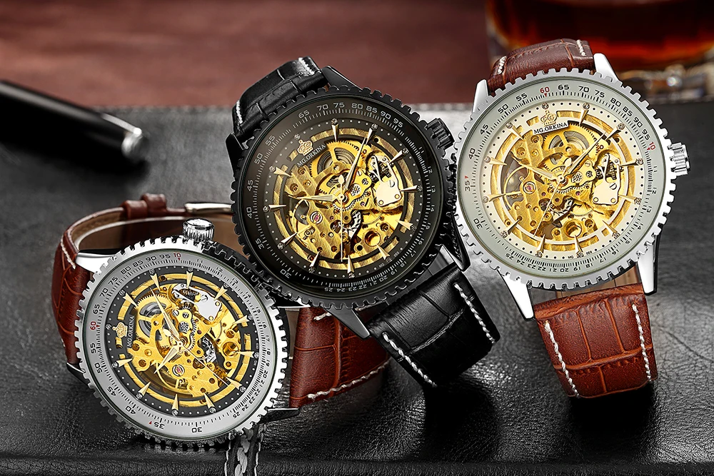 ORKINA мужские часы Топ бренд класса люкс золотые автоматические механические с