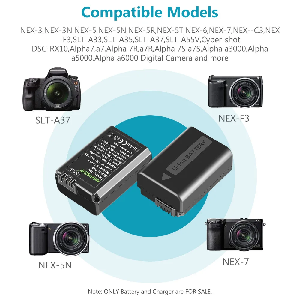 Neewer NP-FW50 Комплект зарядного устройства для камеры Sony A6000 A6500 A6300 A7 A7II A7RII A7SII A7S A7S2 A7R