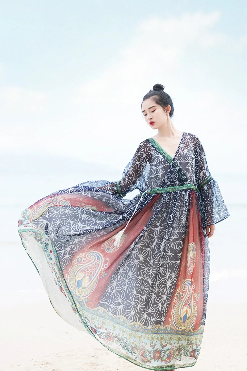 

IRINAW601 original design new arrival summer 2018 see through vintage printed chiffon long dress women