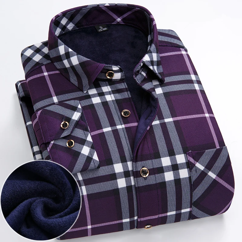 Мужская бархатная рубашка с длинным рукавом в шотландскую клетку|warm shirt|business