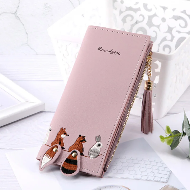 purple Новинка, длинный стильный кошелек из искусственной кожи с ручной вышивкой в виде лисы, мультяшных животных, милый кошелек с кисточками для девочек, кошелек с несколькими отделениями для карт, кошелек для монет - Цвет: purple