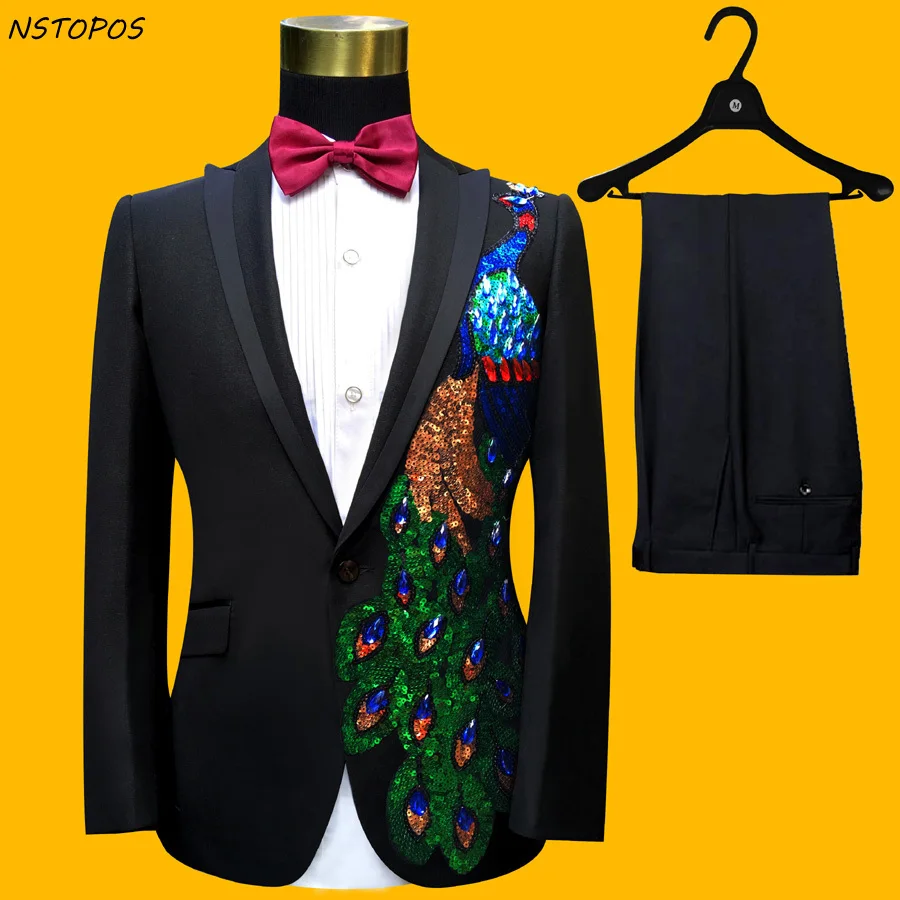 Sequin Tudedo Jacket + Pant 2016 New Beads Peacock Sequins Wedding DJ Stage Mens Prom Suits Plus Size 3XL Costums Homme | Мужская одежда
