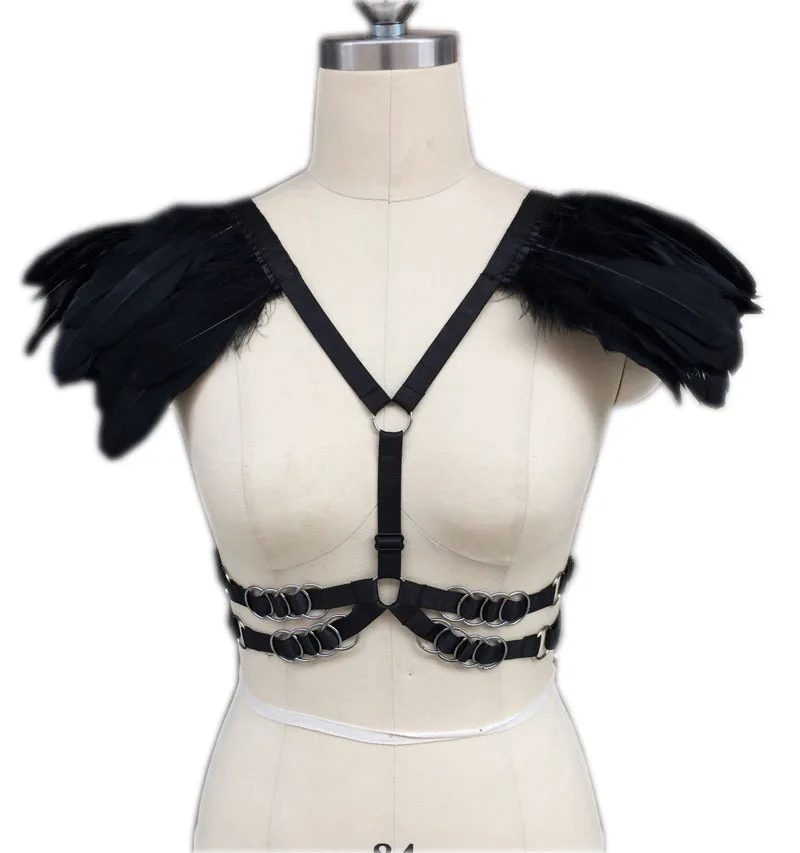 Модное черное перо портупея Панк клетка Bralette Открытая грудь бюстгальтер с