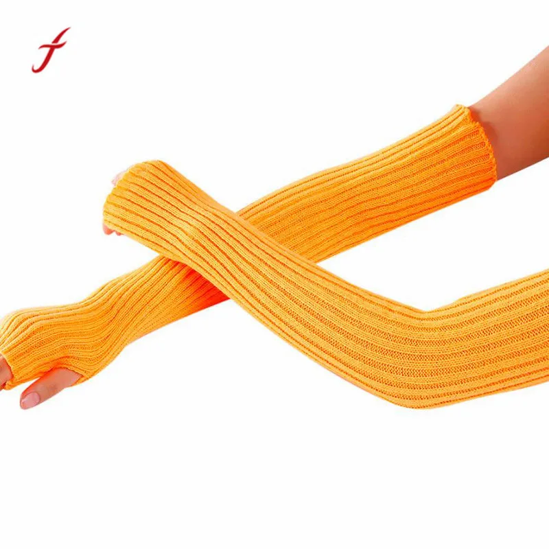 Orange Новые женские перчатки повседневные женские зимние теплые однотонные вязаные длинные перчатки без пальцев для женщин варежки# 11D - Цвет: Orange
