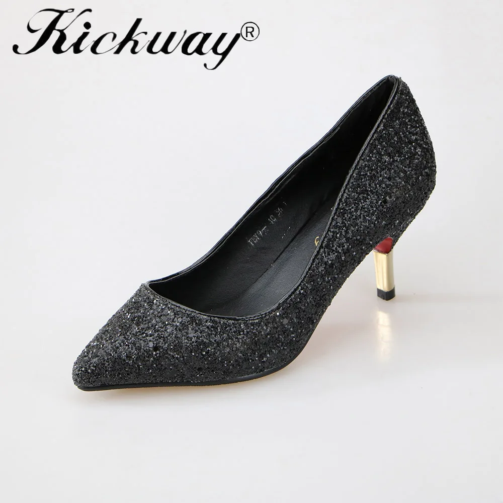 Black Kickway/коллекция года; пикантные женские черные туфли на высоком каблуке с острым носком; цвет золотистый, Серебристый; вечерние и свадебные туфли; блестящие женские туфли на шпильке - Цвет: Black