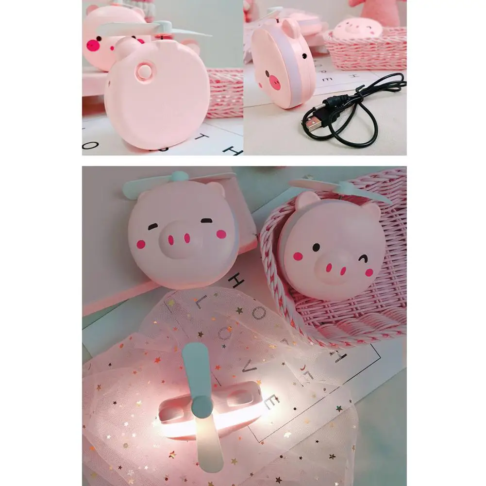 HobbyLane 1pcs Portable LED Cartoon Pig Fill Light Makeup Mirror Fan Bright Adjustable USB Charging Portable Handheld Mini Fan