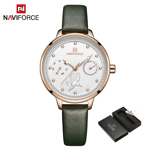 greenbox Naviforce Для женщин часы модные кожаные кварцевые, на ремешке часы Дата Неделя Повседневное наручные часы, подарок для девушки женские часы - Цвет: greenbox