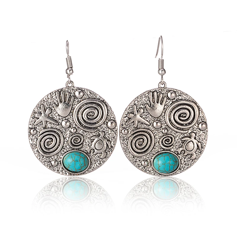 

Antique Alloy Round Dangle Drop Women Earrings With Natural Stone Vintage Women Jewelry Accessories Charms
