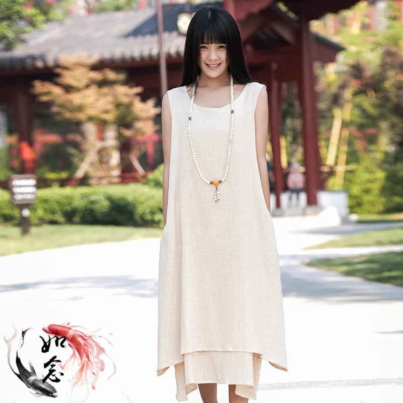 Летнее женское Хлопковое платье без рукавов на бретелях Mori Girl Летняя туника