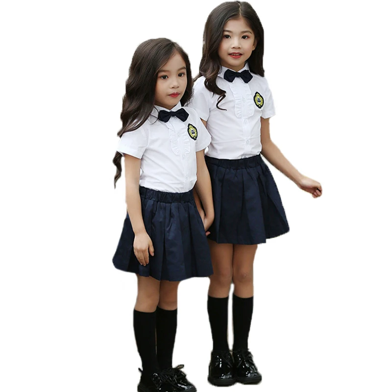 Girls short 2pcs Детская Корейская японская школьная форма для девочек и мальчиков; детская рубашка; Топ; плиссированная юбка; брюки; галстук; одежда; W49 - Цвет: Girls short 2pcs