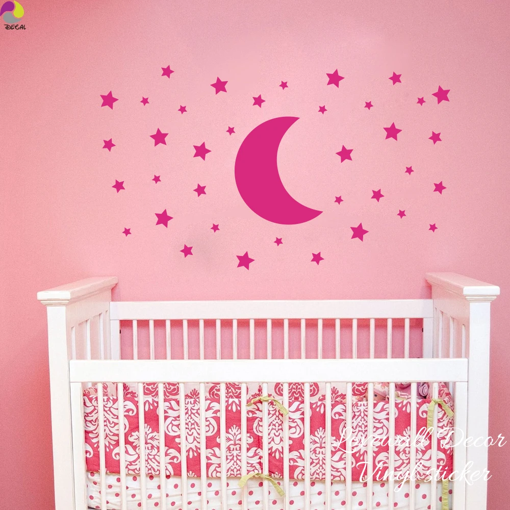 Картун стикер на стену Луна Звезда для детской комнаты, милые луны, звезды, космическое небо, ночная наклейка на детскую спальню, винил.