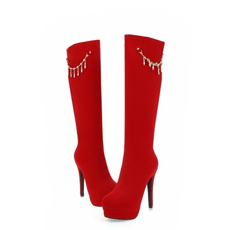 winter New pattern fashion Round head gules sexy Suede Thin leg Elastic force Boots Fine heel Add wool Keep warm Women Boots