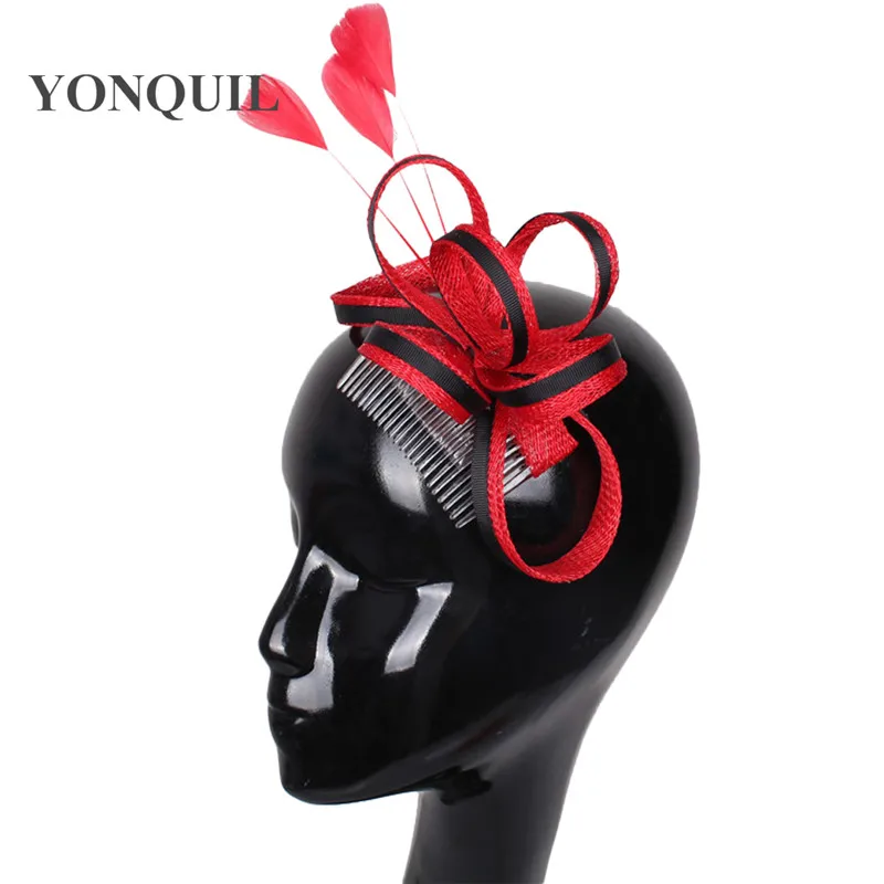 Фото Sinamay Feather Hair Fascinator, головной убор, зажим для коктейльной вечеринки, церковная шляпа, аксессуар SYF45, головной убор на день гонок №1